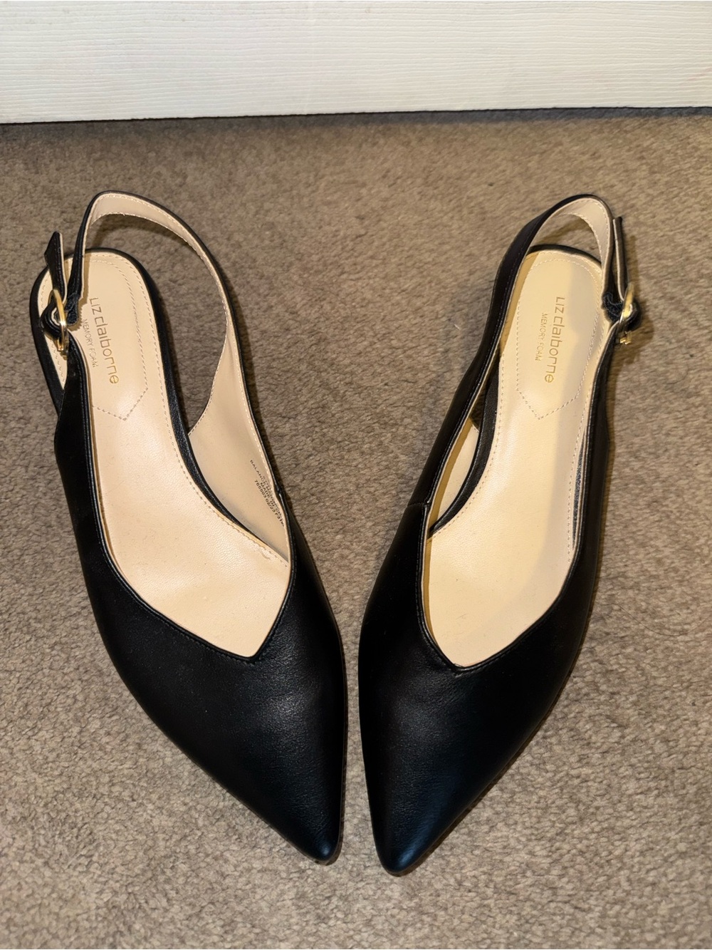Liz Claiborne Black Pointed Toe Slingback Flats with Gold Buckle